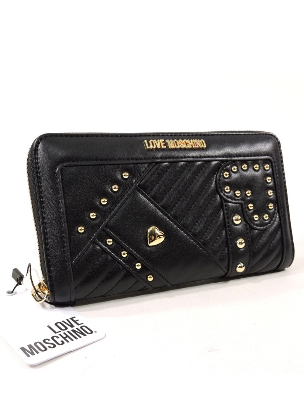 Love Moschino Black Quilted Studded Zip-Around Wallet with Heart Detail
